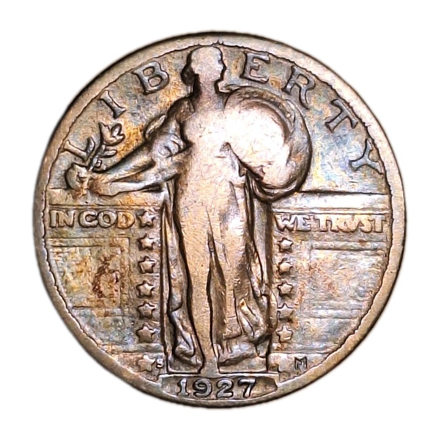 Key Date Genuine 1927-S Standing Liberty Quarter Nice Full Date Toning ~VG
