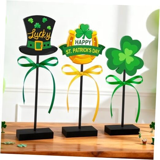 3 PCS St. Patrick's Day Wooden Signs Irish Themed Shamrocks Tiered Tray Words