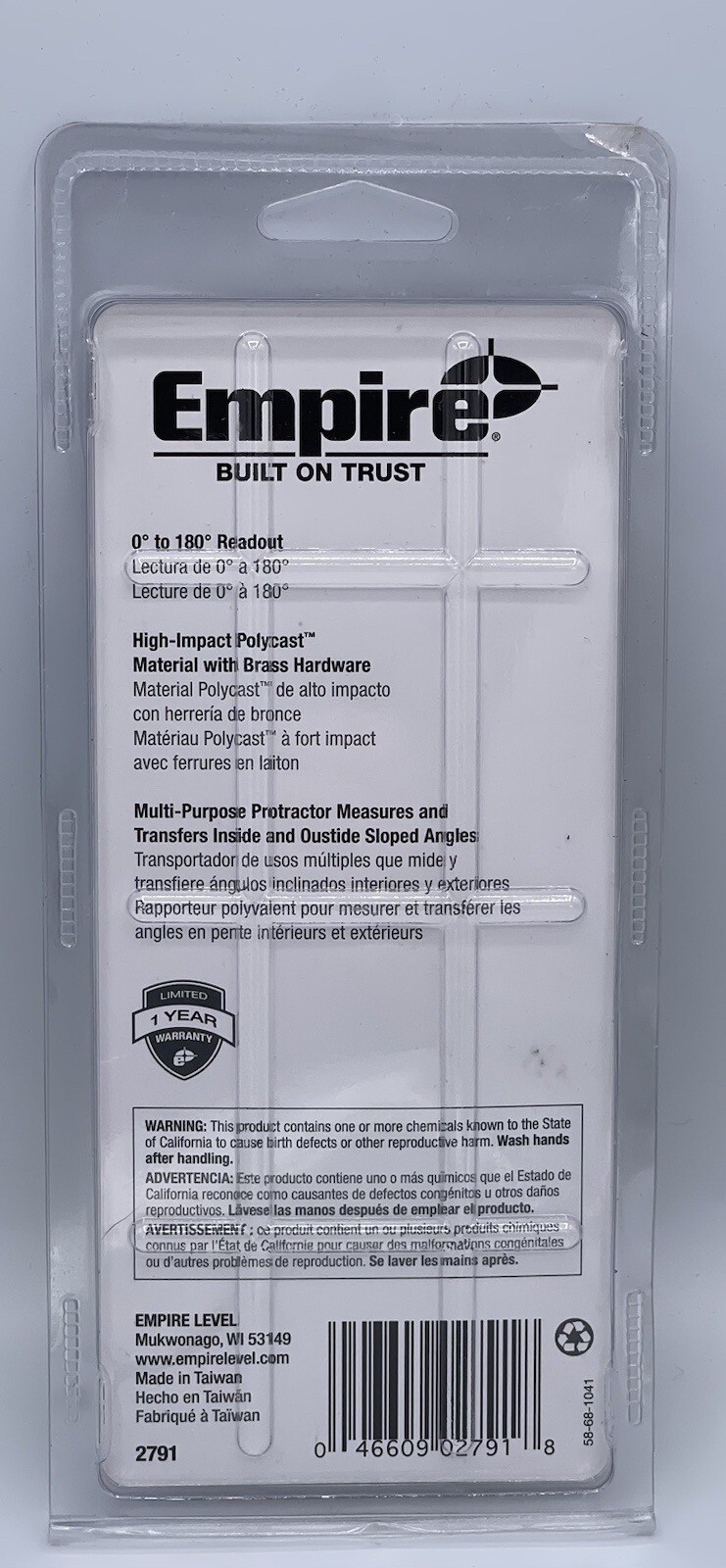 Empire Level 2791 Polycast Hi-Visibility Lightweight Protractor/Angle Finder NIP