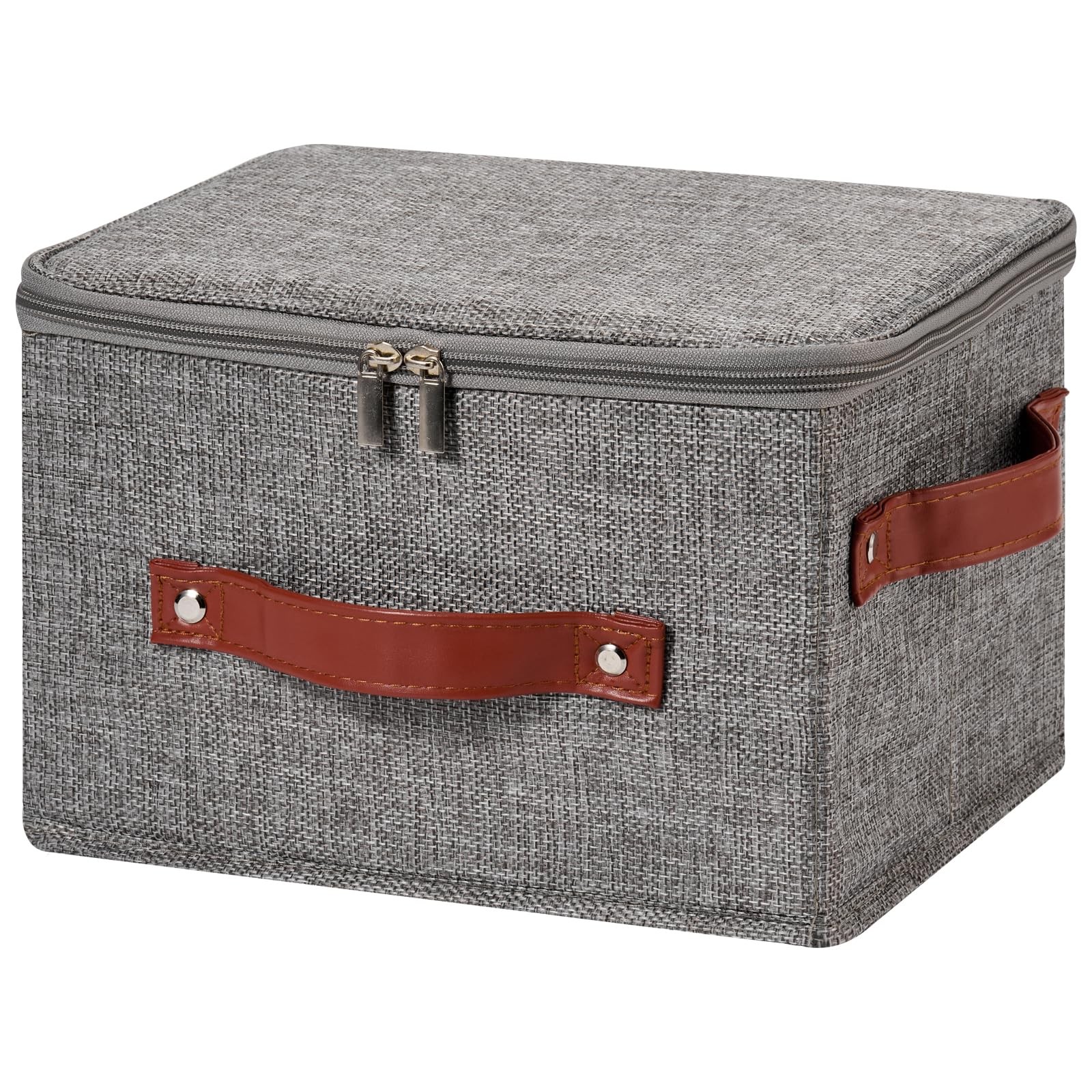 Storage Bin with Zippered Lid Cotton Linen Fabric Decorative Basket with PU L...