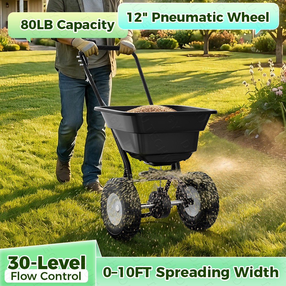 80lbs Broadcast Spreader Walk Behind Fertilizer Garden Seeder Black w/Rain Cover