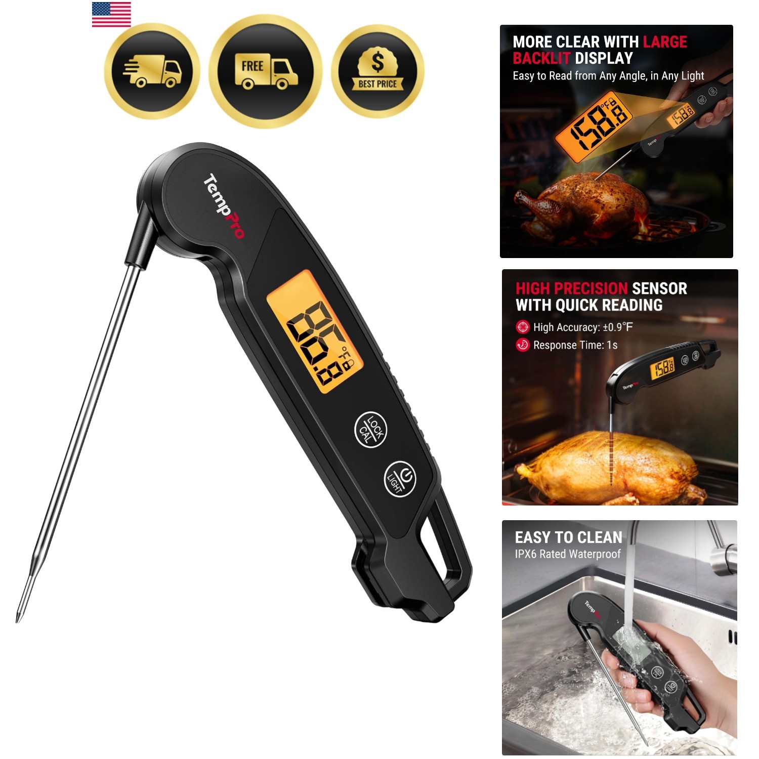 1 Sec Digital Meat Thermometer for Cooking, Instant Read Thermometer with Bac...