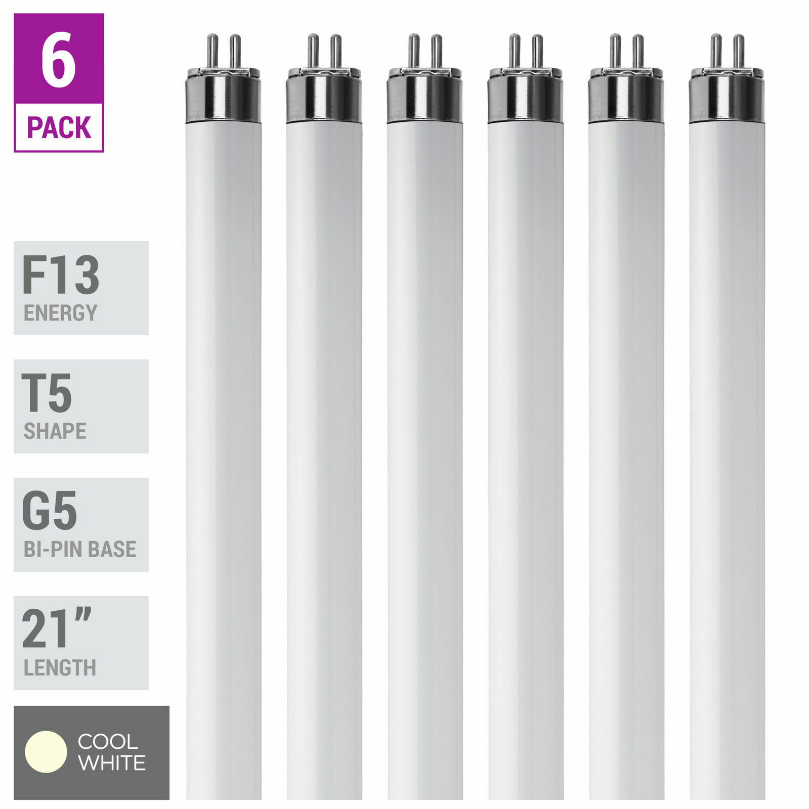 6 Pack F13T5 CW 41K Tube 21" Inches 13W Watt Mini Bi 2-Pin G5 4100K Cool White