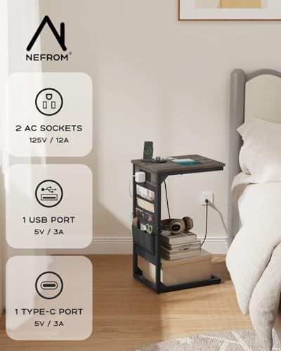 C-Shaped End Table with Fast-Charging Station, Small Couch Side Table 1 Greige