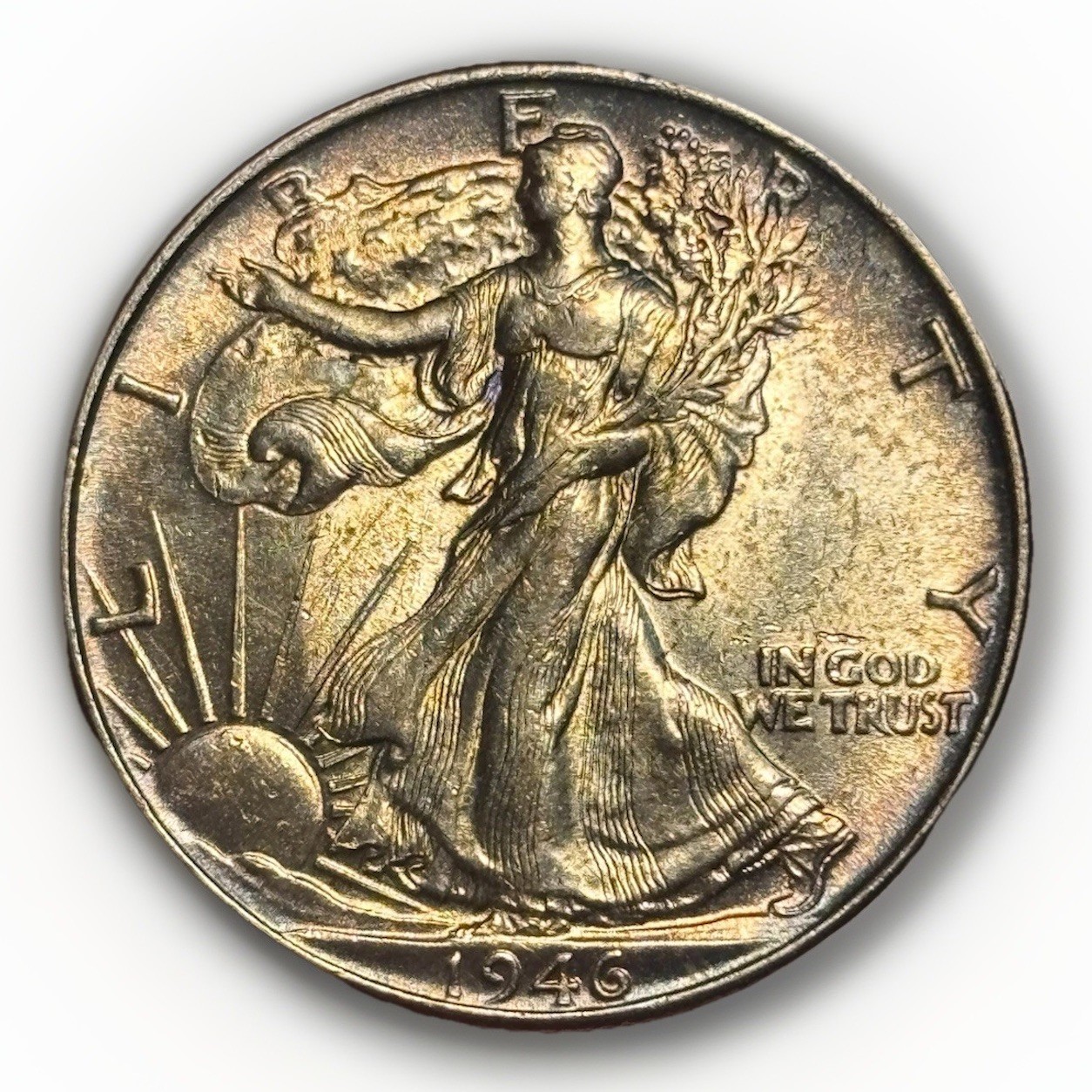 1946 Walking Liberty Half Dollar BU Golden Toning Original Skin Silver Coin