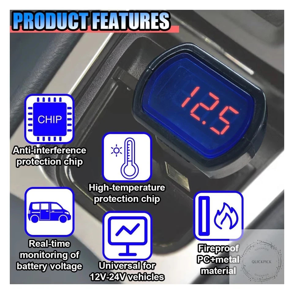 Car LED Digital Voltmeter, DC 12V/24V Cigarette Lighter Voltage Meter, Volt Gaug