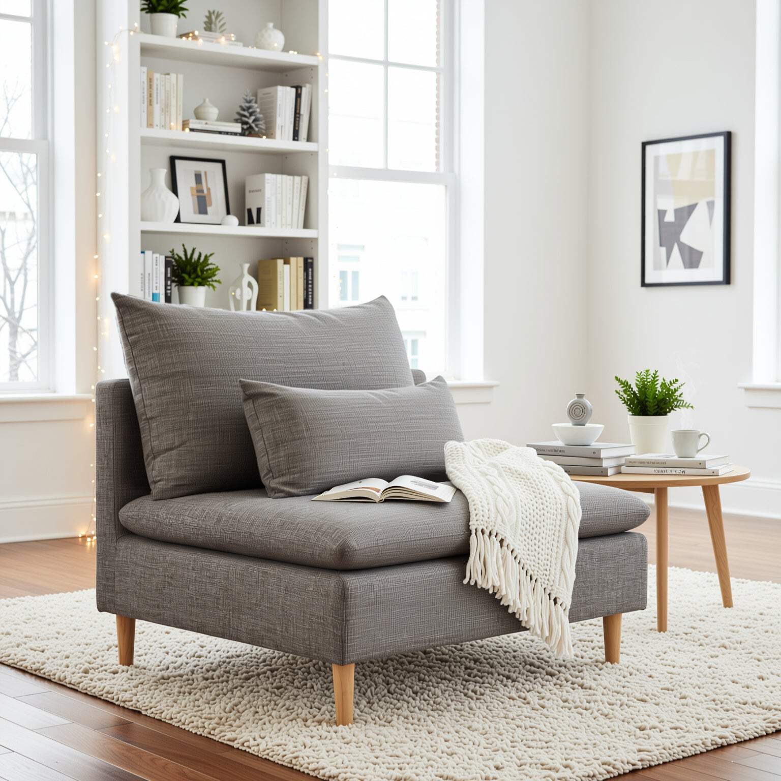 EDEline Armless Modular Accent Lounge Chair, Gray Fabric with Cushions