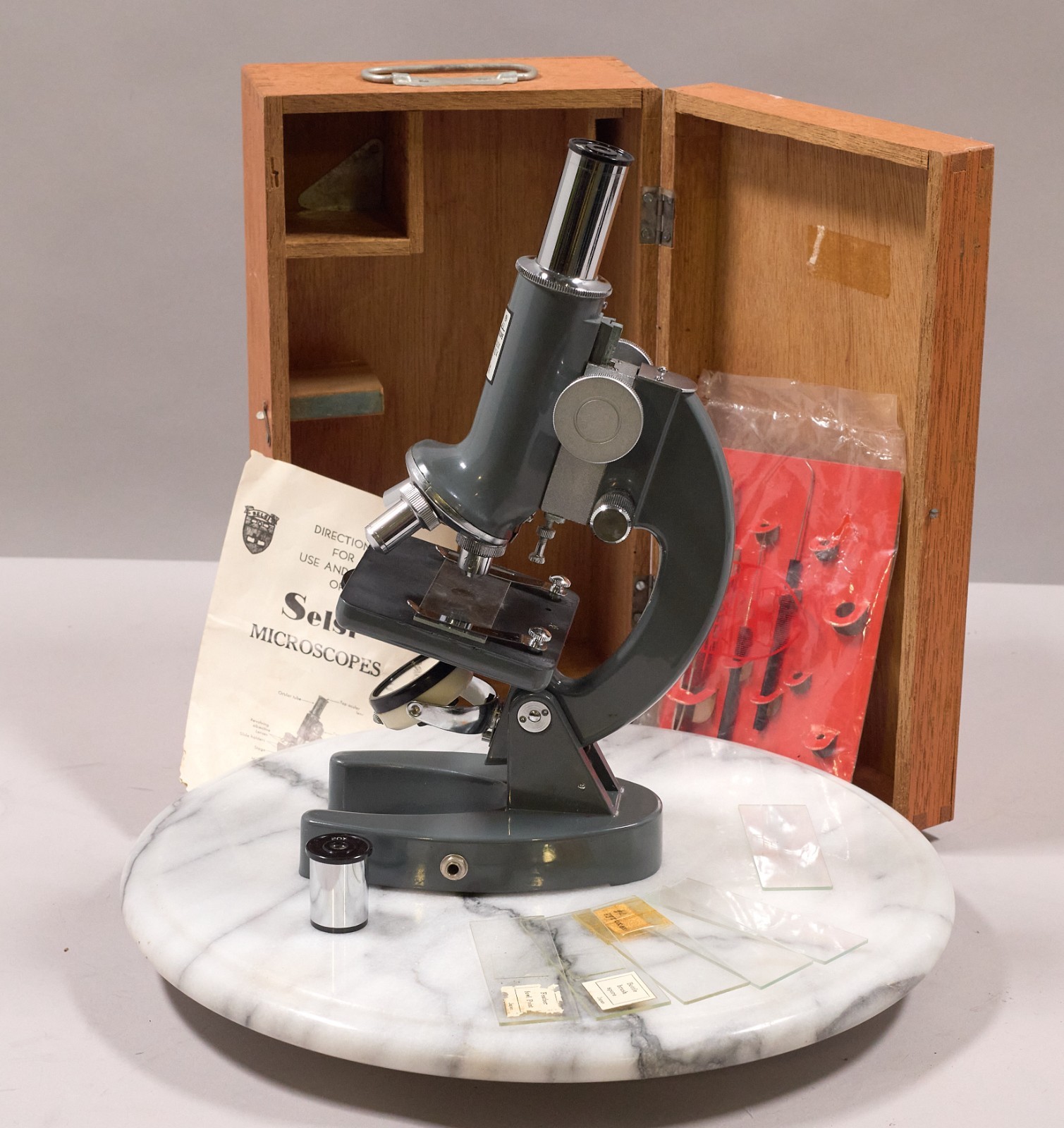 Selsi 1200x microscope with box and accessories. Immaculate condition.
