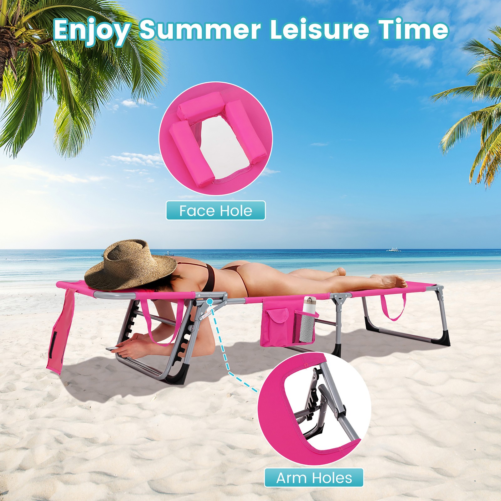 Set of 2 Beach Chaise Lounge Chair Folding Reclining Chair w/ Facing Hole Pink