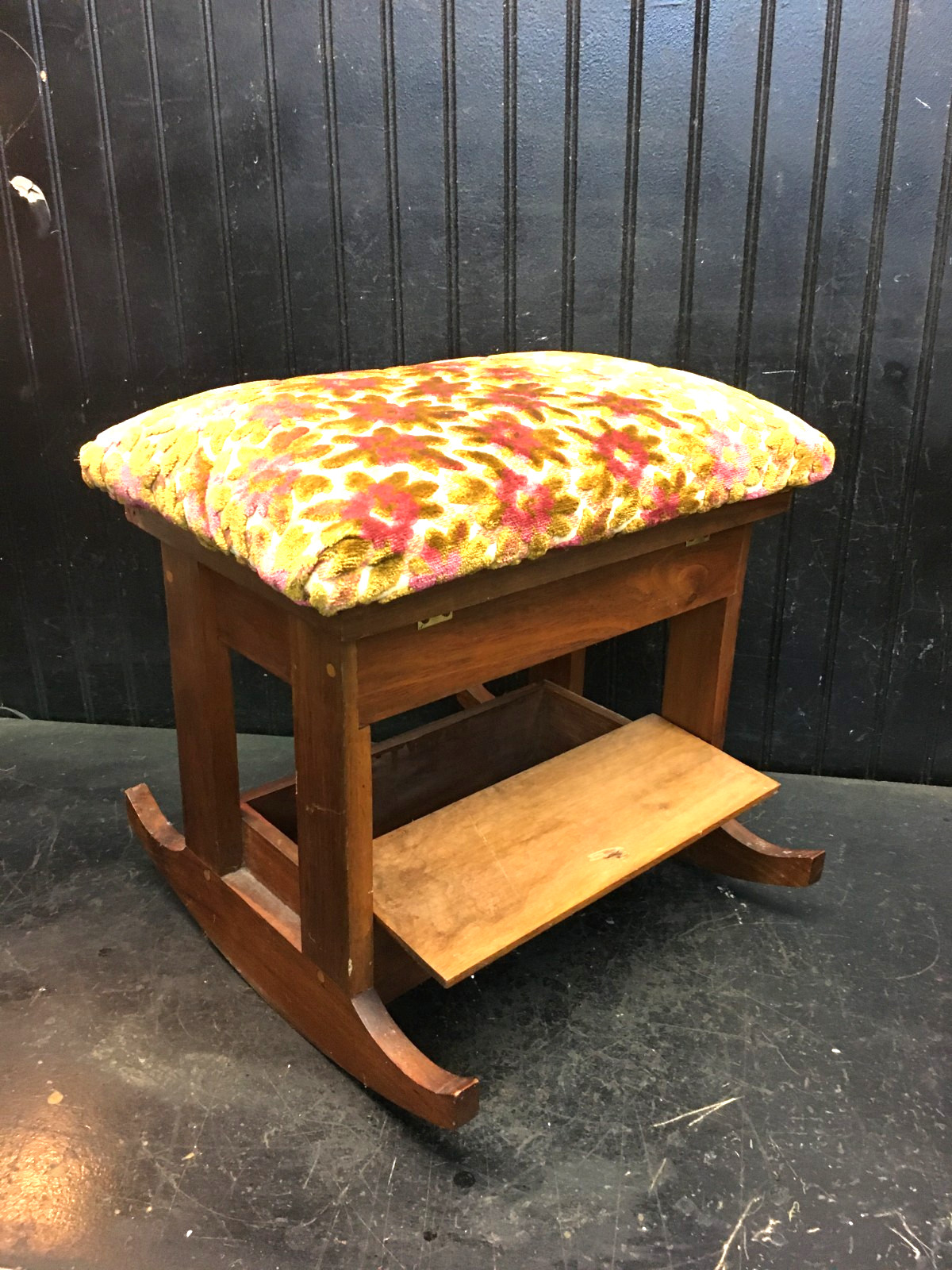 Wood Footstool- Vtg Rocking  Floral Tapestry Upholstered Padded Wooden Stool