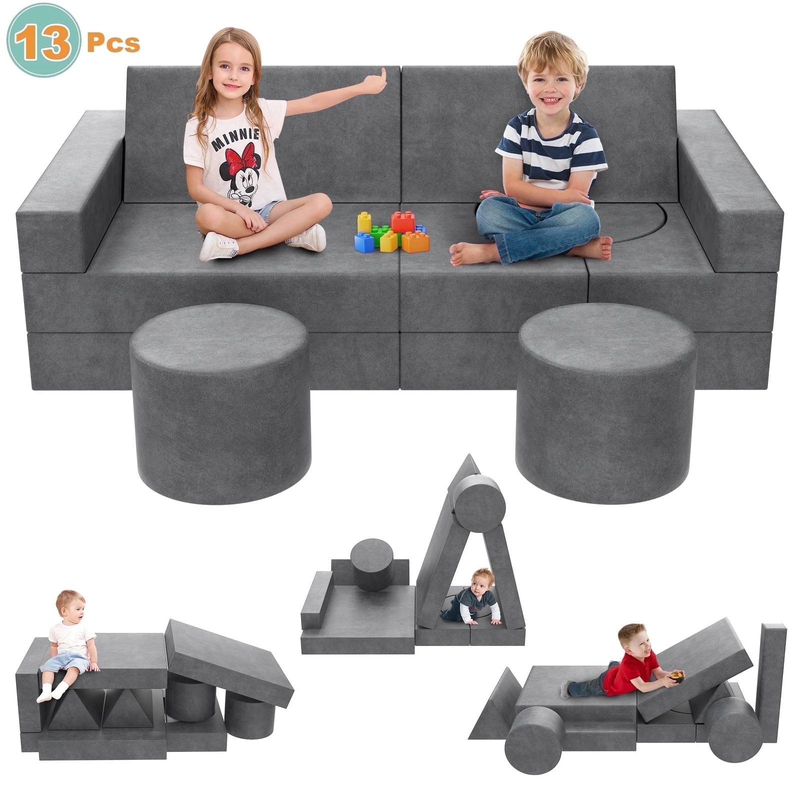 Minikid Kids Sofa Couch, Modular 13-Piece Playroom Set, Soft Gray Velvet, Multif