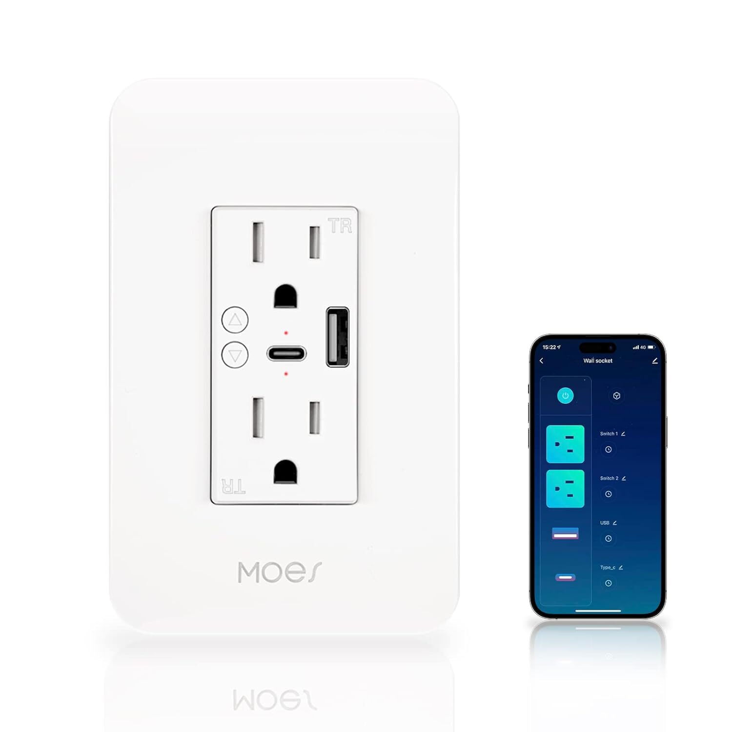 MOES WiFi Smart Wall Outlet Receptacle USB Type-C Remote Individual Control 15A