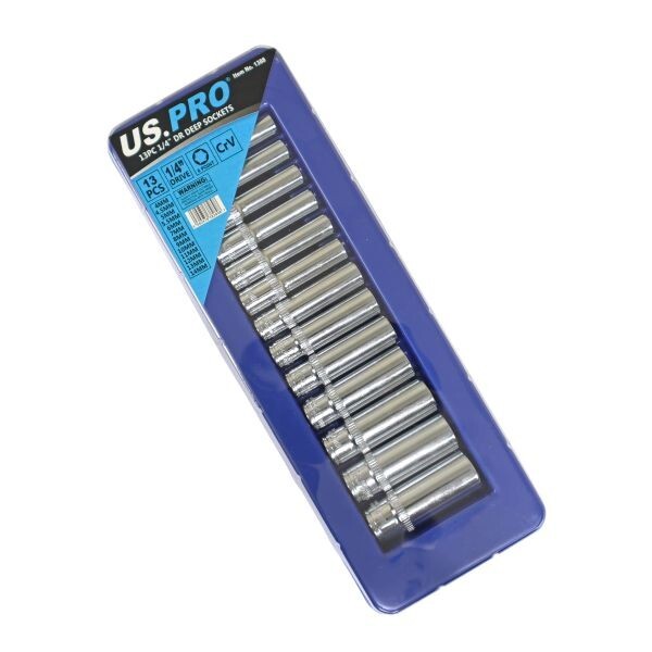 US PRO 13PC 1/4" Drive Deep Socket Set 4-14mm Knurled Ring CR-V Metric
