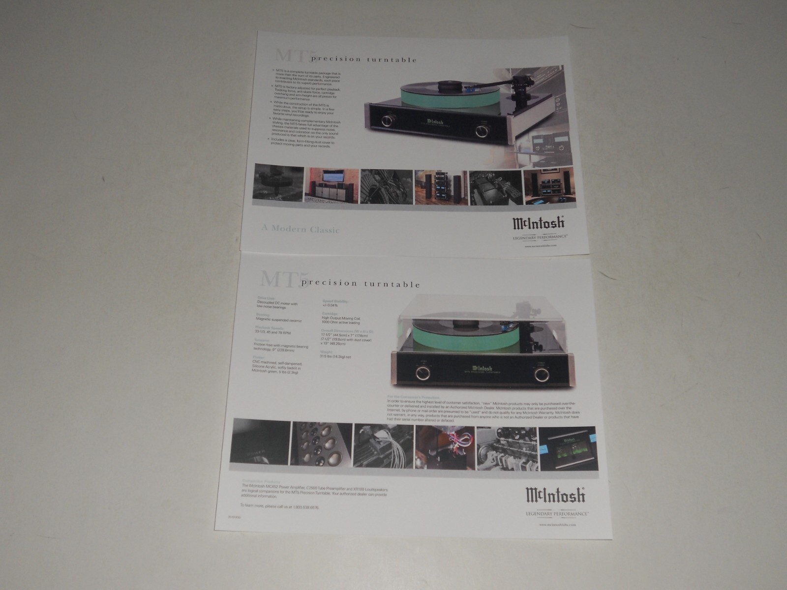 McIntosh MT5 High-End Turntable Brochure, 2 pages, 2016, Specs, Features MT-5