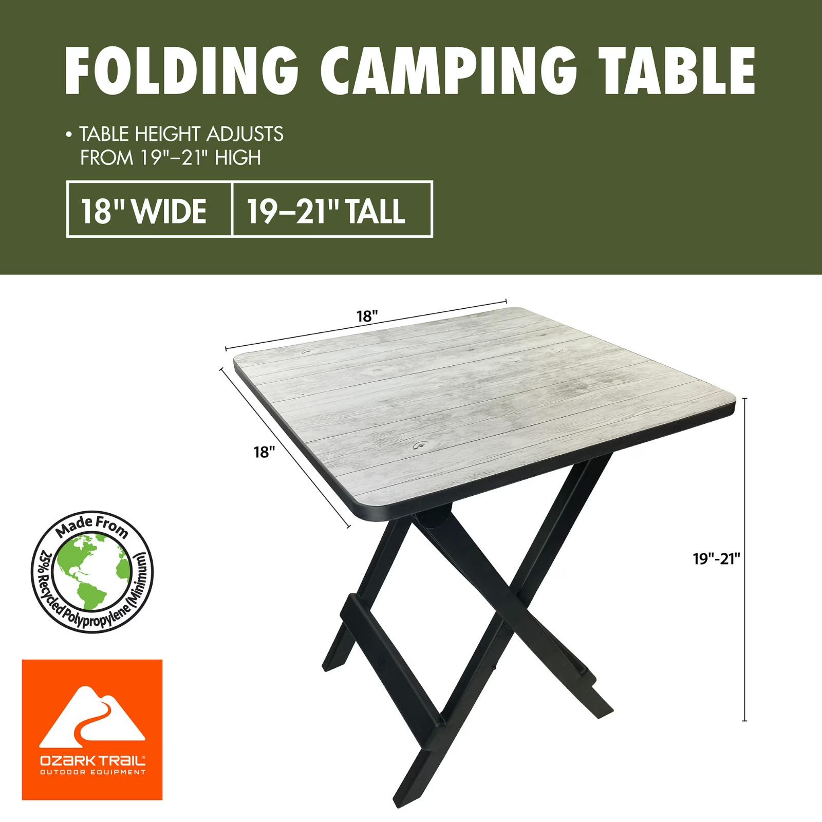 Ozark Trail 19-inch Plastic Folding Camp Side Table, Gray Wood Grain