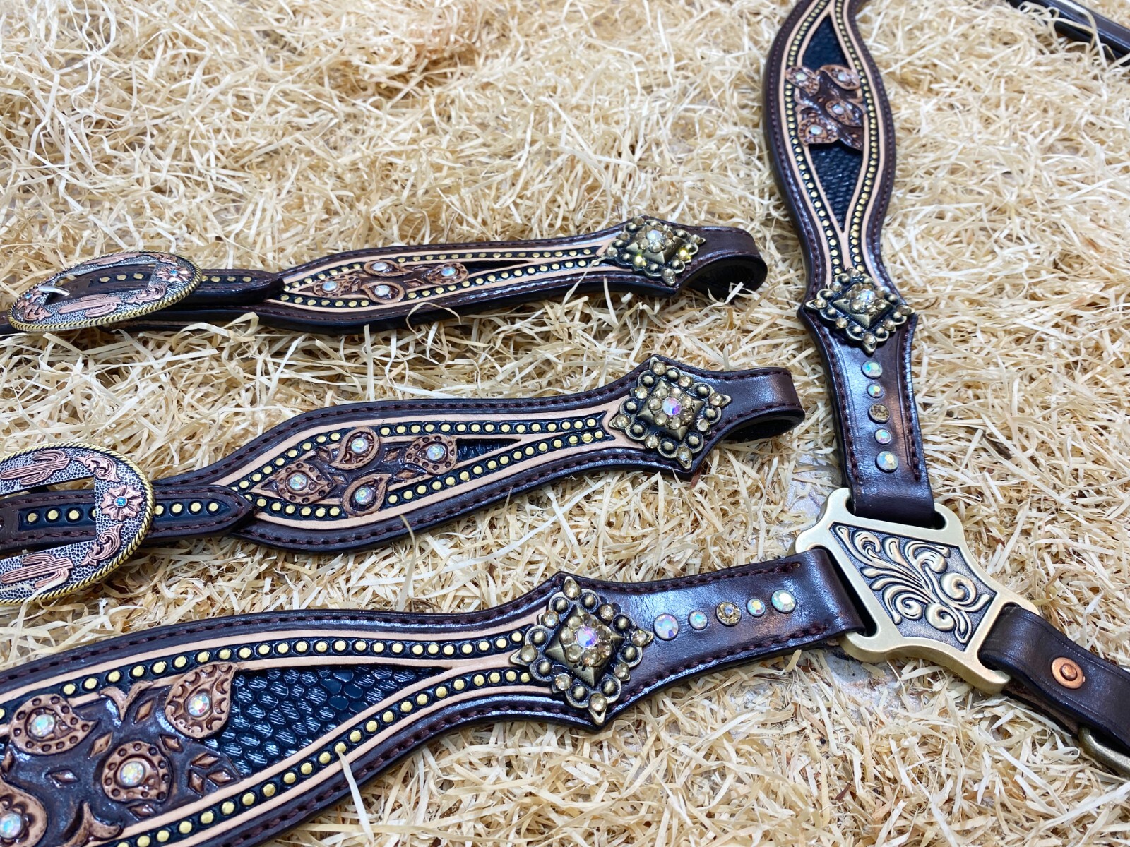 Western Leather Headstall Set Horse Decorated with Paisley Carving Gifts MOUSM