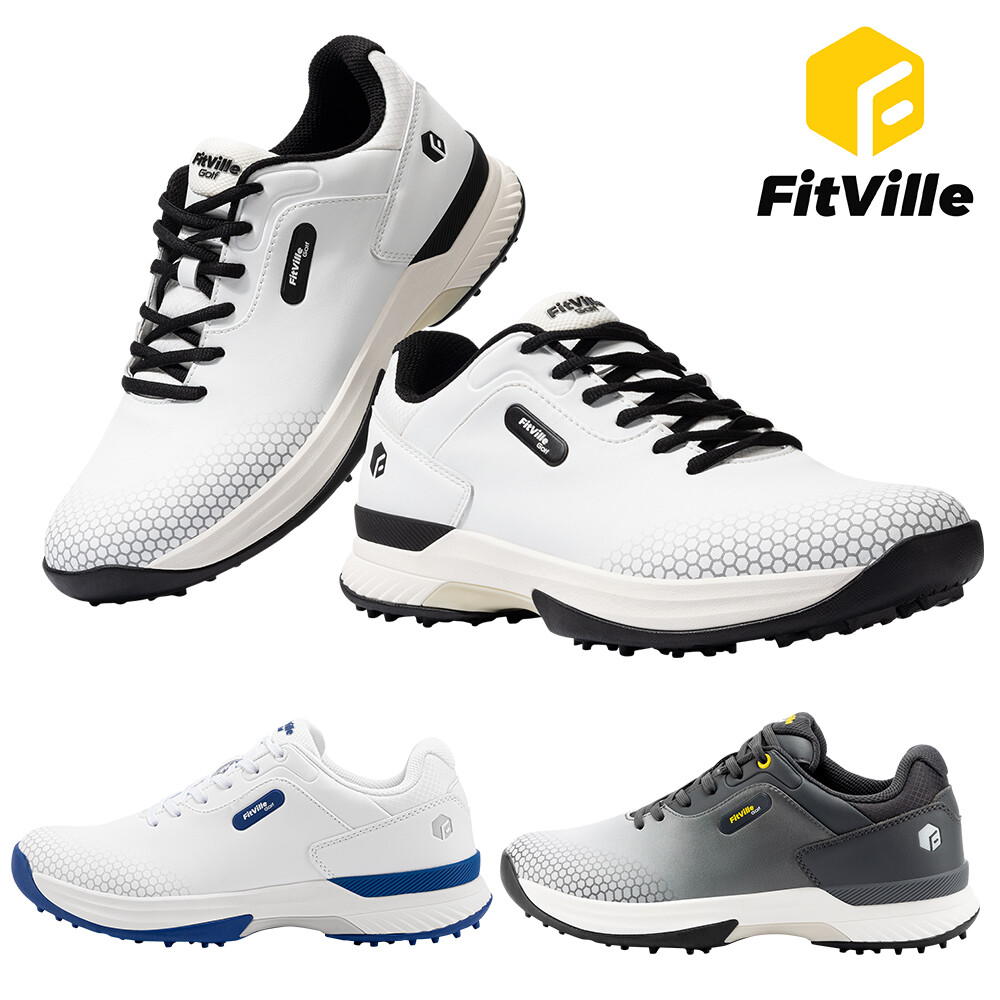 FitVille Men's Golf Shoes Professional Outdoor Waterproof Spiked Shoe Grey/White
