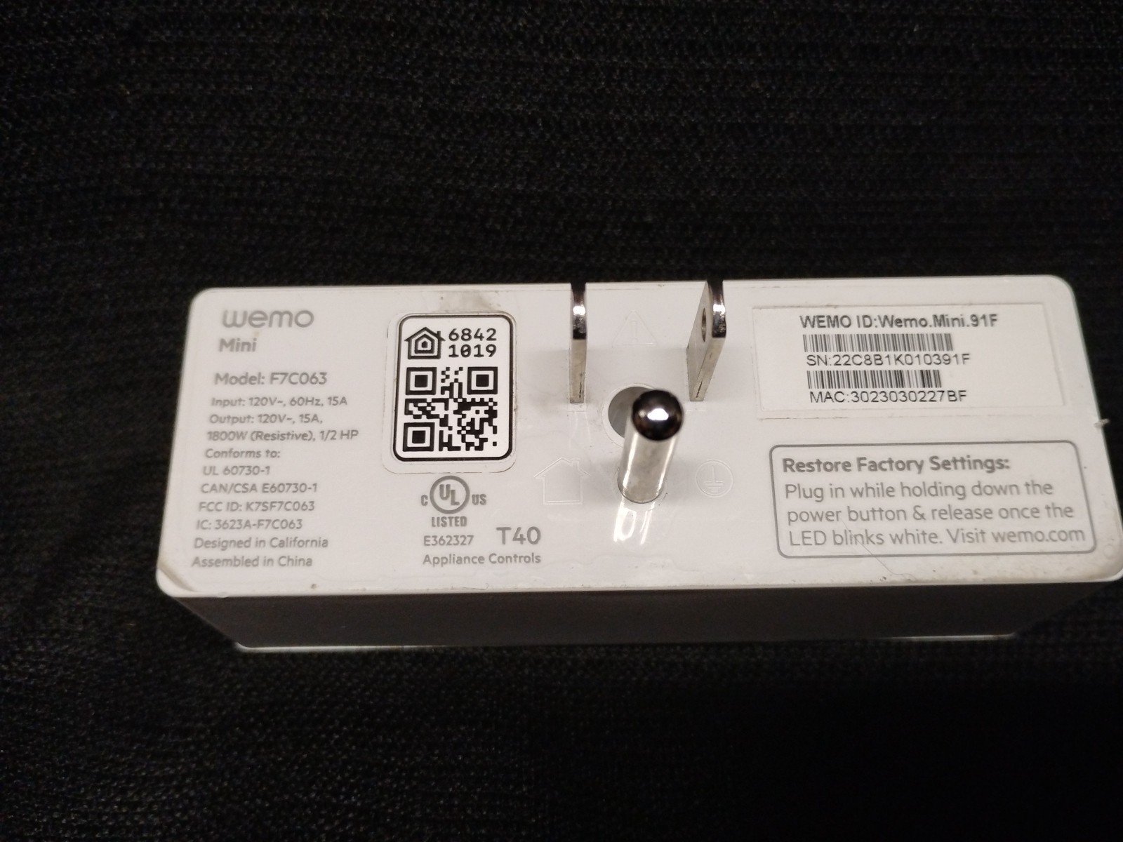 Wemo Mini Wi-Fi Smart Plug Model #F7C063
