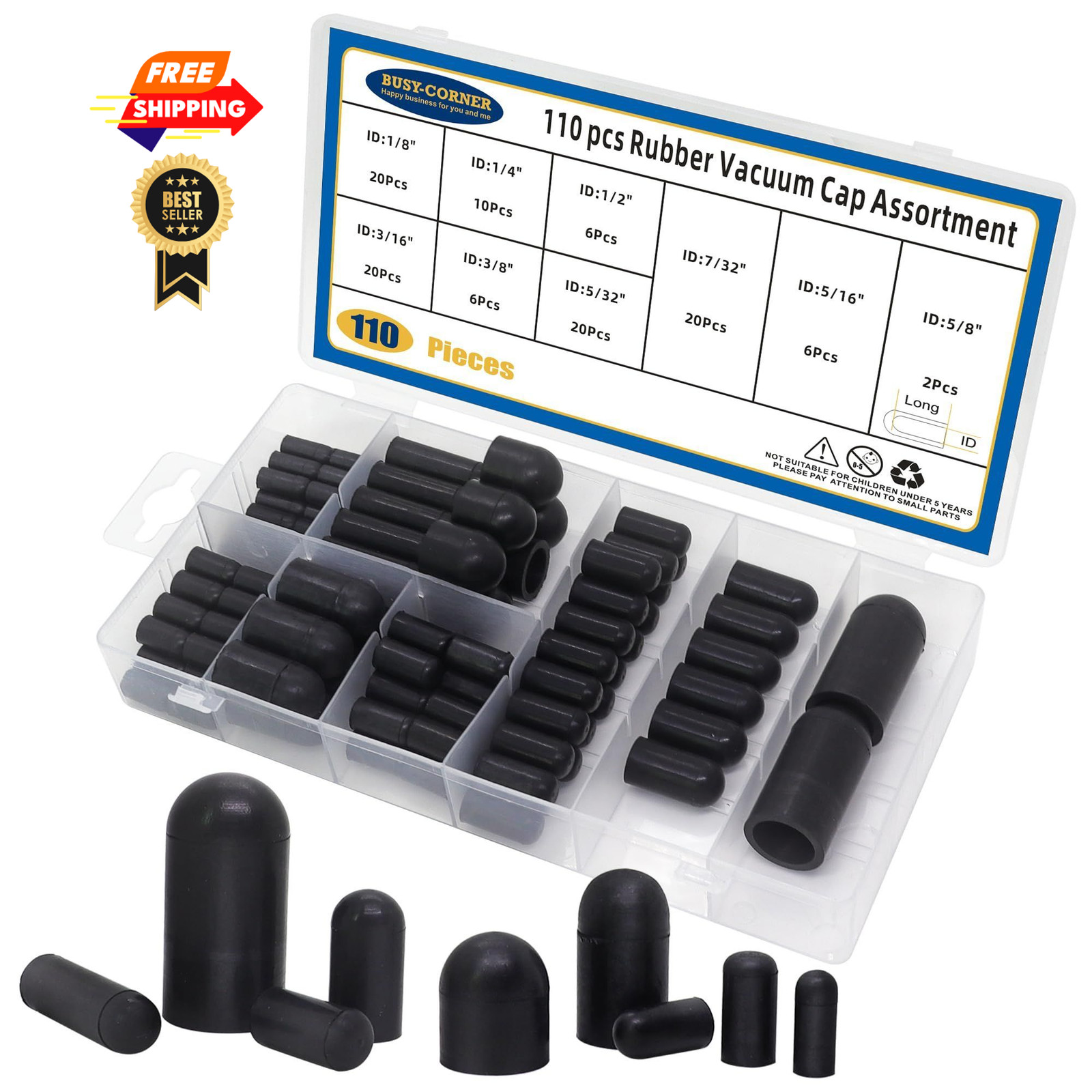 110 PCS Vacuum Caps Assortment, Plugs Hose End Cap, Rubber Black