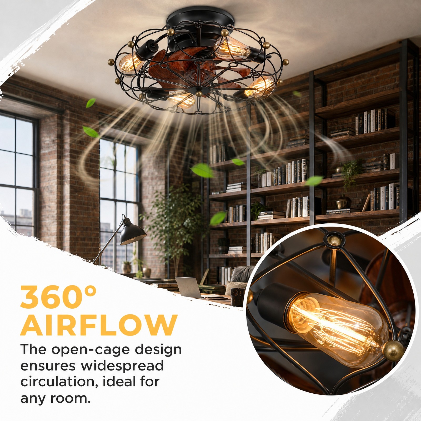 20 inch Black Modern Caged LED Ceiling Fan with Light Flush Mount Remote Control