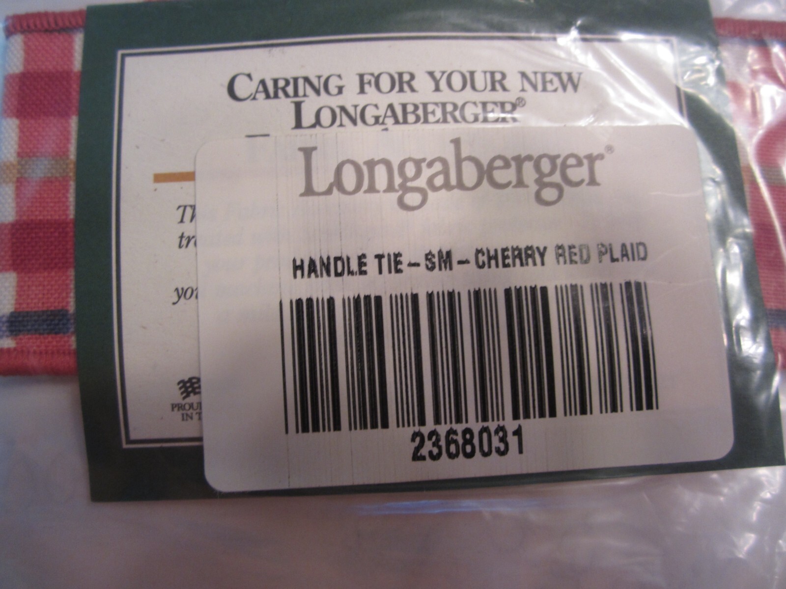 Longaberger HANDLE TIE SMALL CHERRY RED PLAID  - New in Bag! 2368031