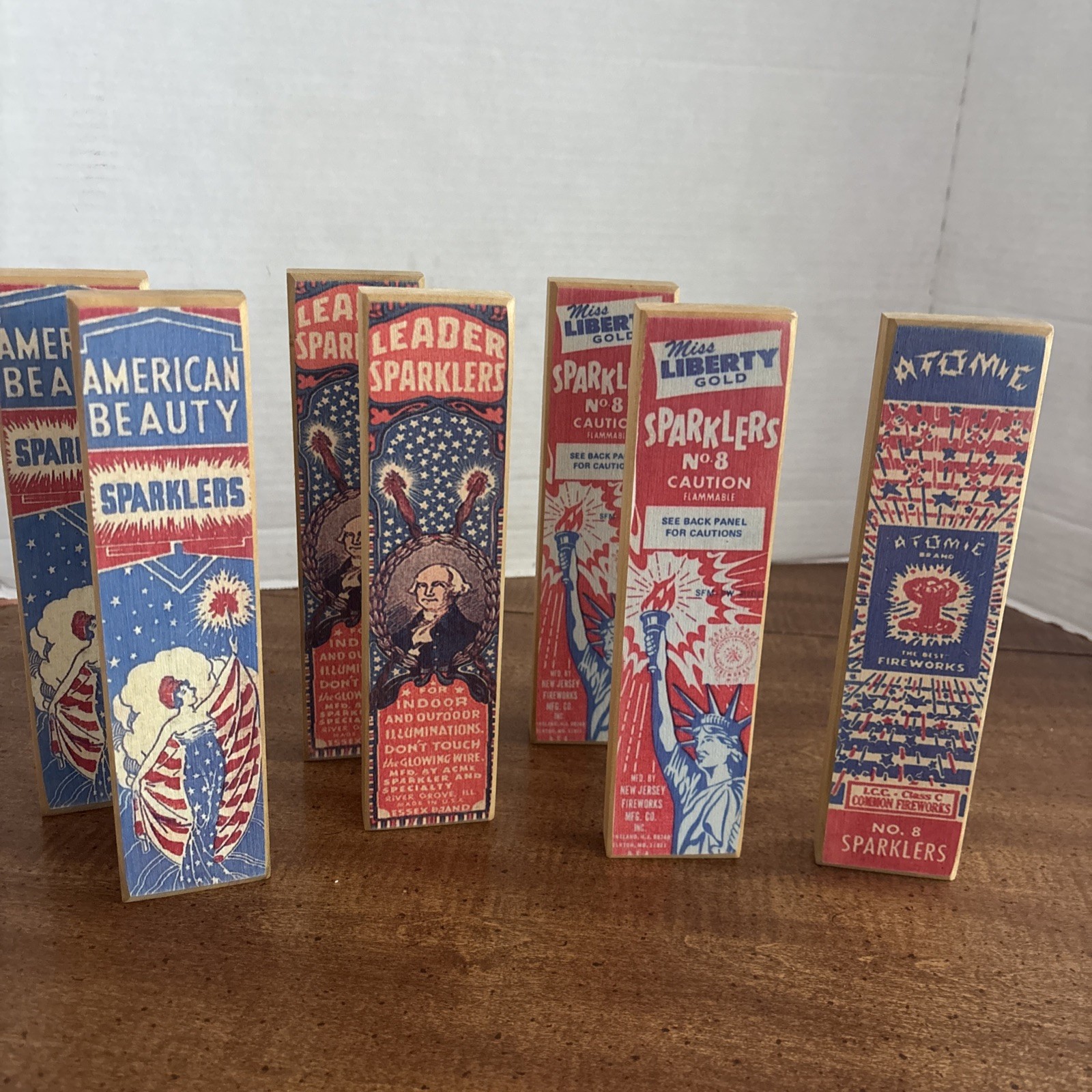 LOT of 7 Vintage style wood blocks Sparkler design Miss Liberty American Atomic