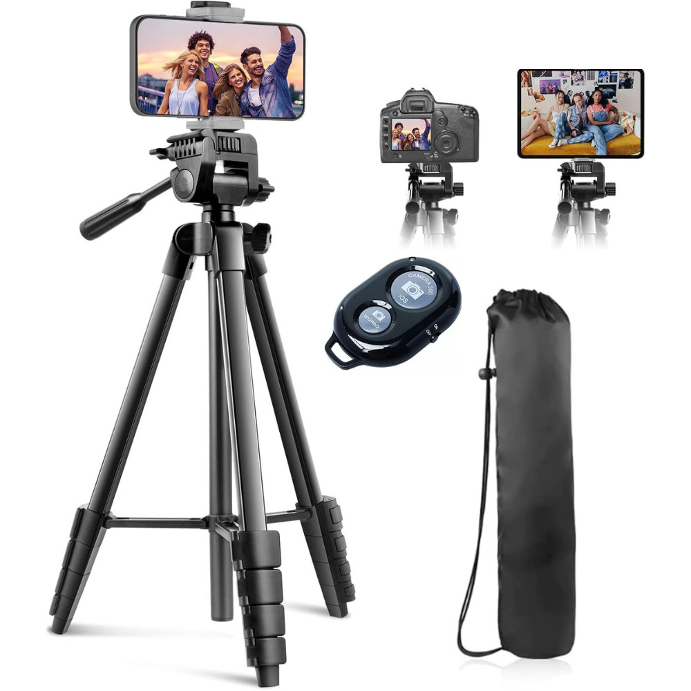 60" Camera Tripod, Phone & iPad Tripod with Wireless Remote and 2-in-1 Holder