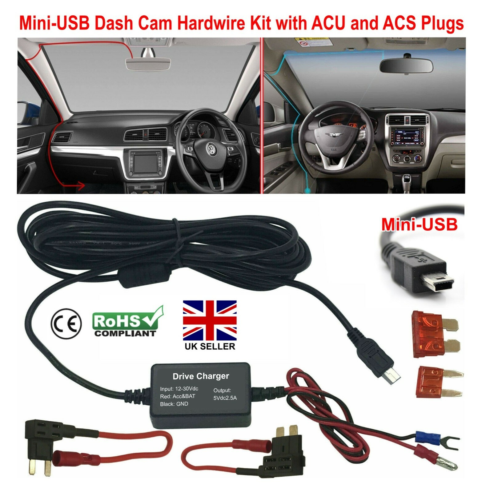 Universal NextBase Dash Cam MINI USB Input Hardwire charger Kit ACU & ACS Plugs