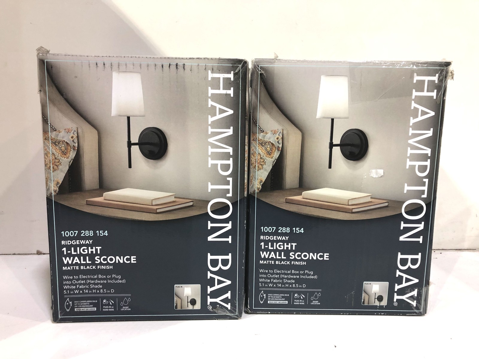 2PK Hampton Bay Ridgeway 1-Light Matte Black Indoor Wall Sconce White Shade New