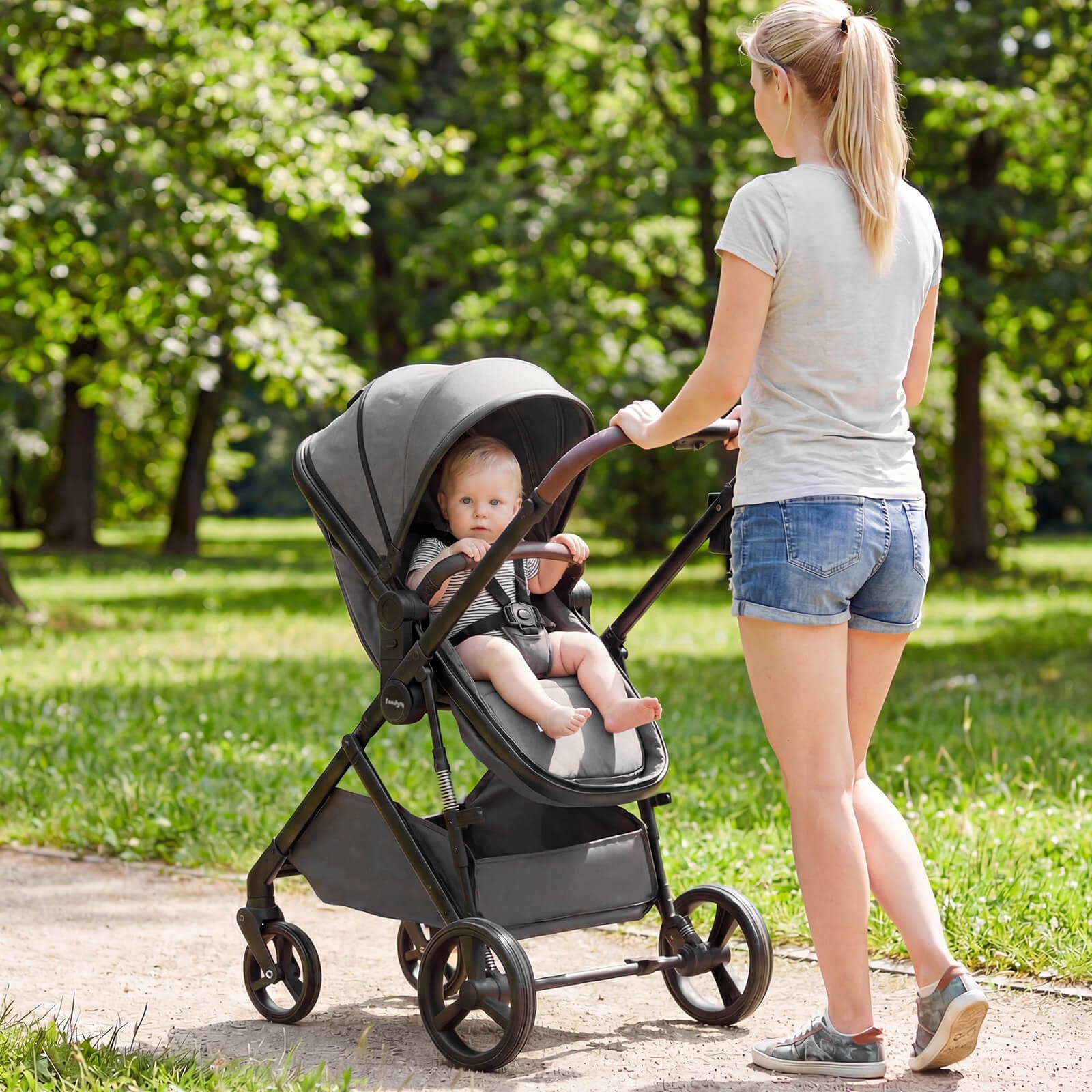 2 in 1 Baby Stroller with Bassinet Mode w/Reversible Seat, Adjustable Canopy