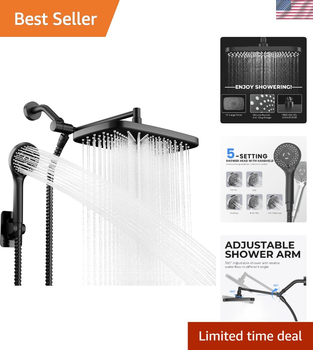 Spa-Quality Rain Shower Head with Handheld Sprayer and Adjustable Extension Arm