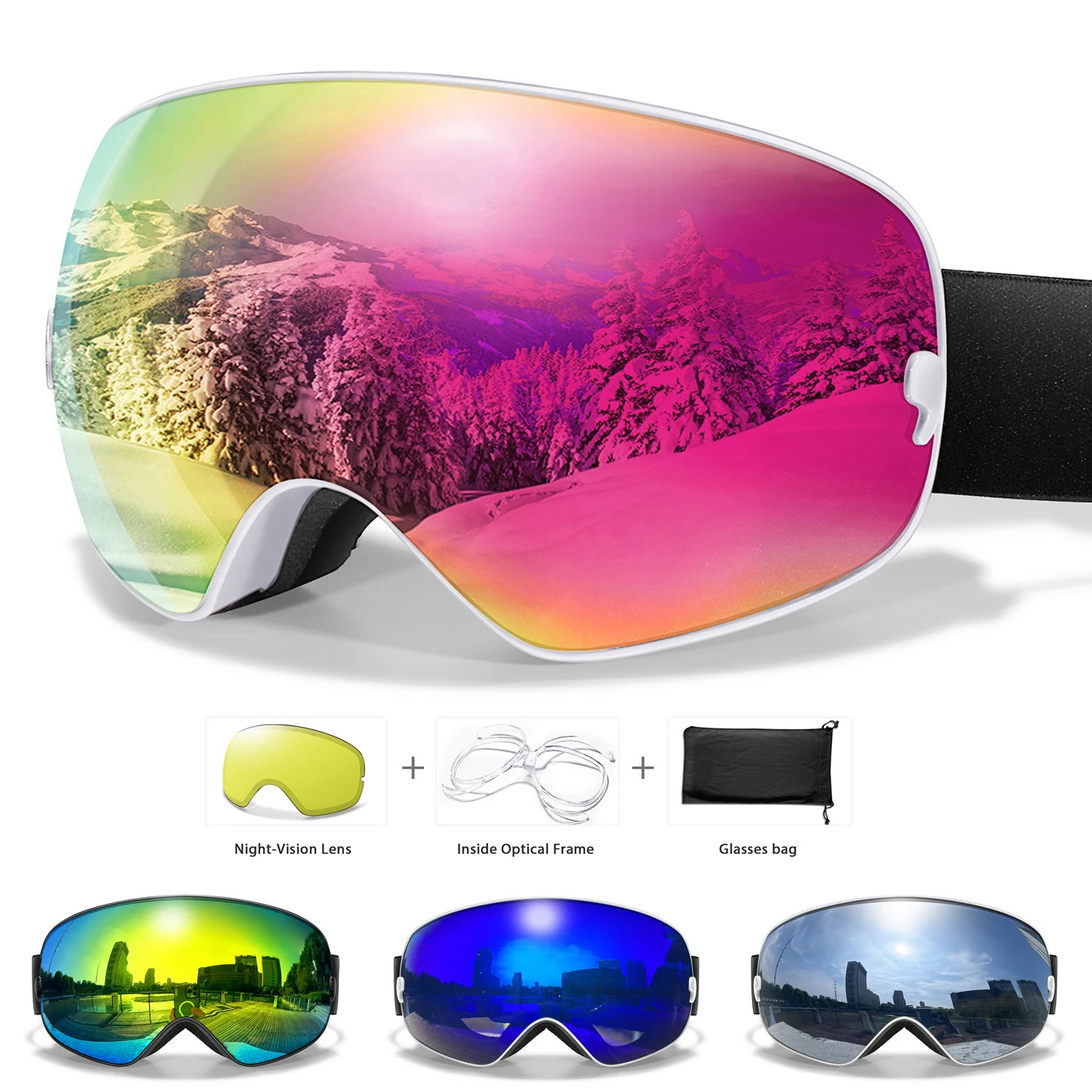 Anti-Fog SKI Goggles Snowboard Goggles UV400 with Night Vison Lens Men Women Tee