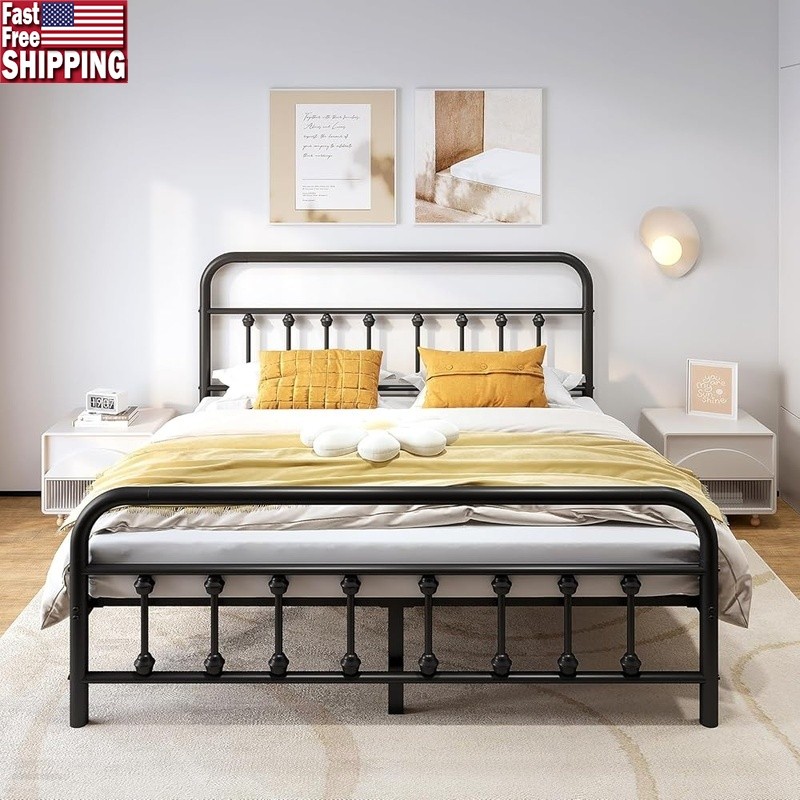 Metal Bed Frame Full Size w/ Headboard Structurally Stable Steel Slat Supported