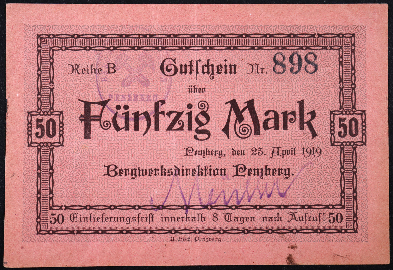 PENZBERG 1919 "Bergwerksdirektion" Radar Rare 50 Mark Reihe B w/sig Grossnotgeld