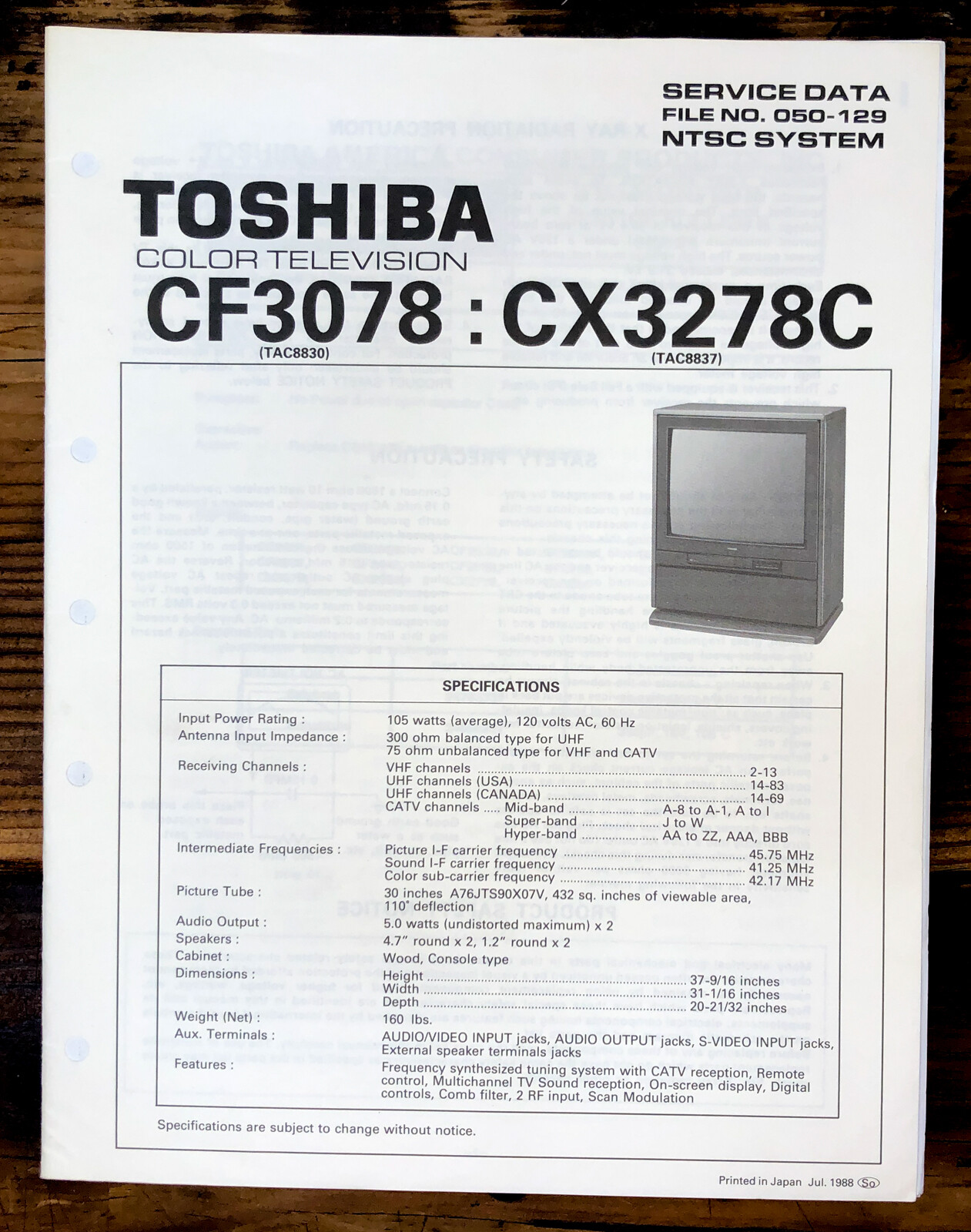 Toshiba CF3078 CX3278C TV  Service Manual *Original*