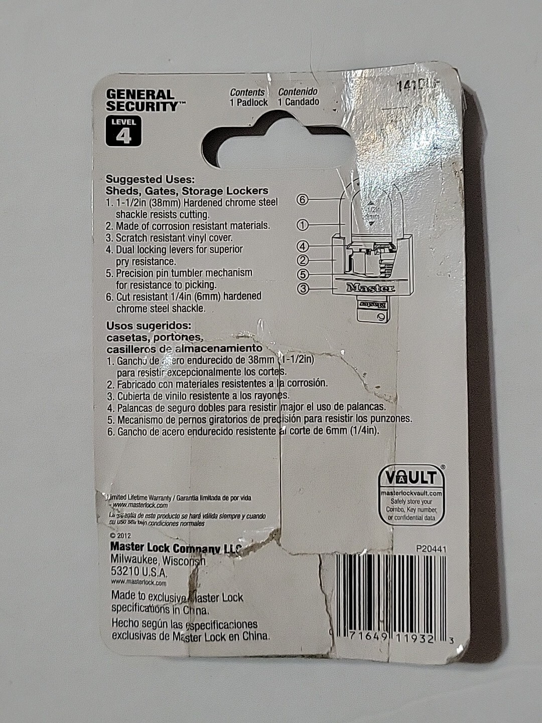 Master Lock 141DFL Black 1-9/16" WideBODY Solid Body Padlock OPENED PACK