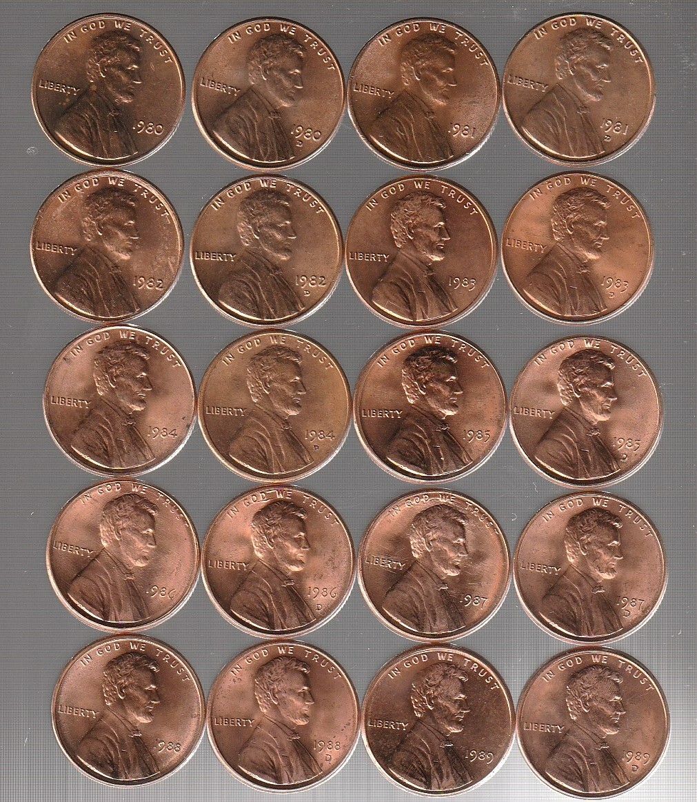 P & D SET / 1980  to  1989  with  7  1982 varieties  - 25 pc LINCOLN CENT BU SET
