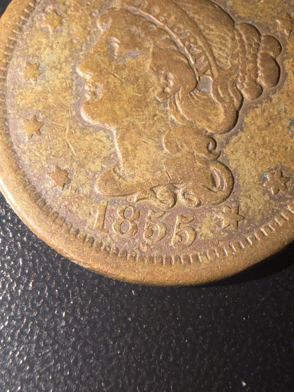 1855 Upright Vertical 55 5’s Large Cent VG