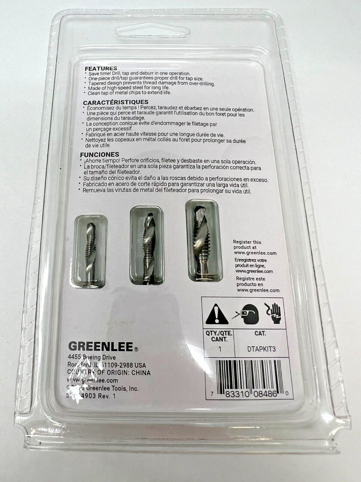 New 3 Piece Greenlee Drill/Tap Bit Set DTAPKIT3, 8-32 to 1/3-20 Free Shipping!