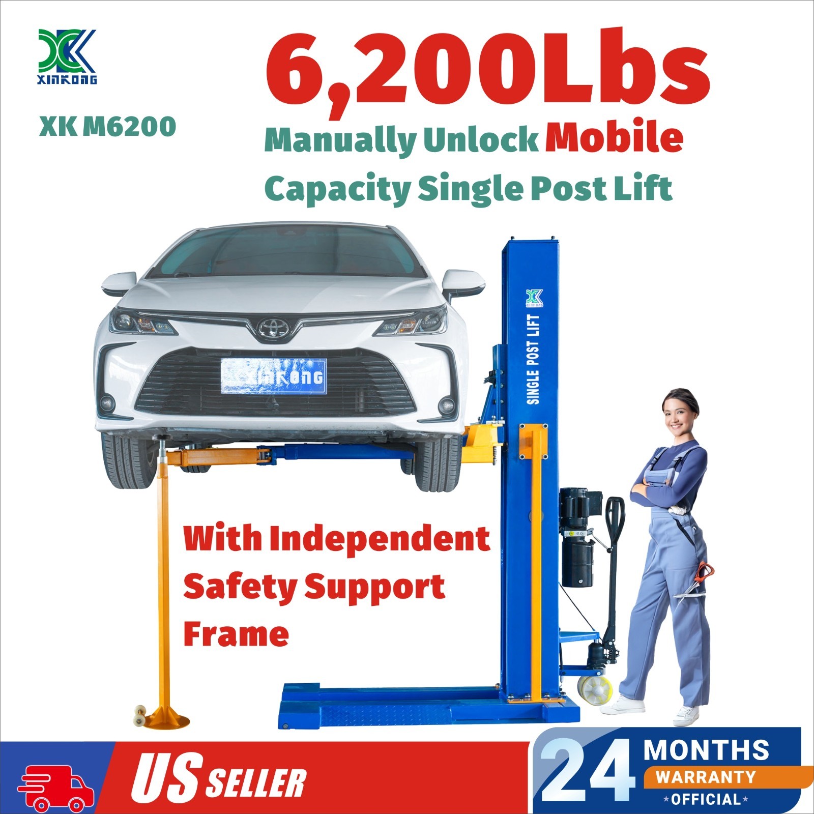 XinKong M6200 220V Single Post Car Lift | Mobile Manual Unlock Auto Repair Tool