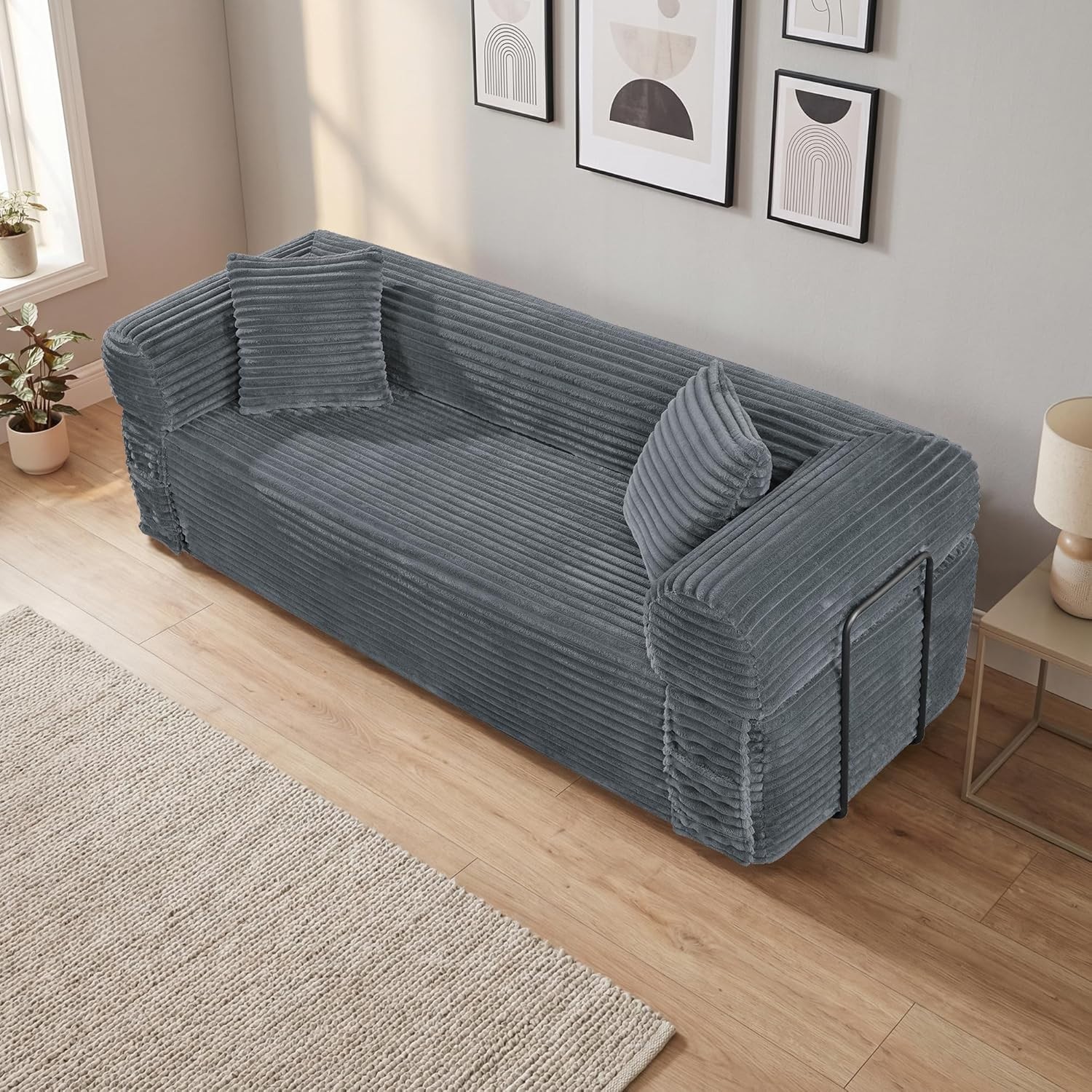 Boneless Convertible Couch Corduroy Sofa with 2 Pillows + Removable Backrest