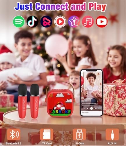Mini Karaoke Machine, Portable Bluetooth Speaker with 2 Wireless Microphones for