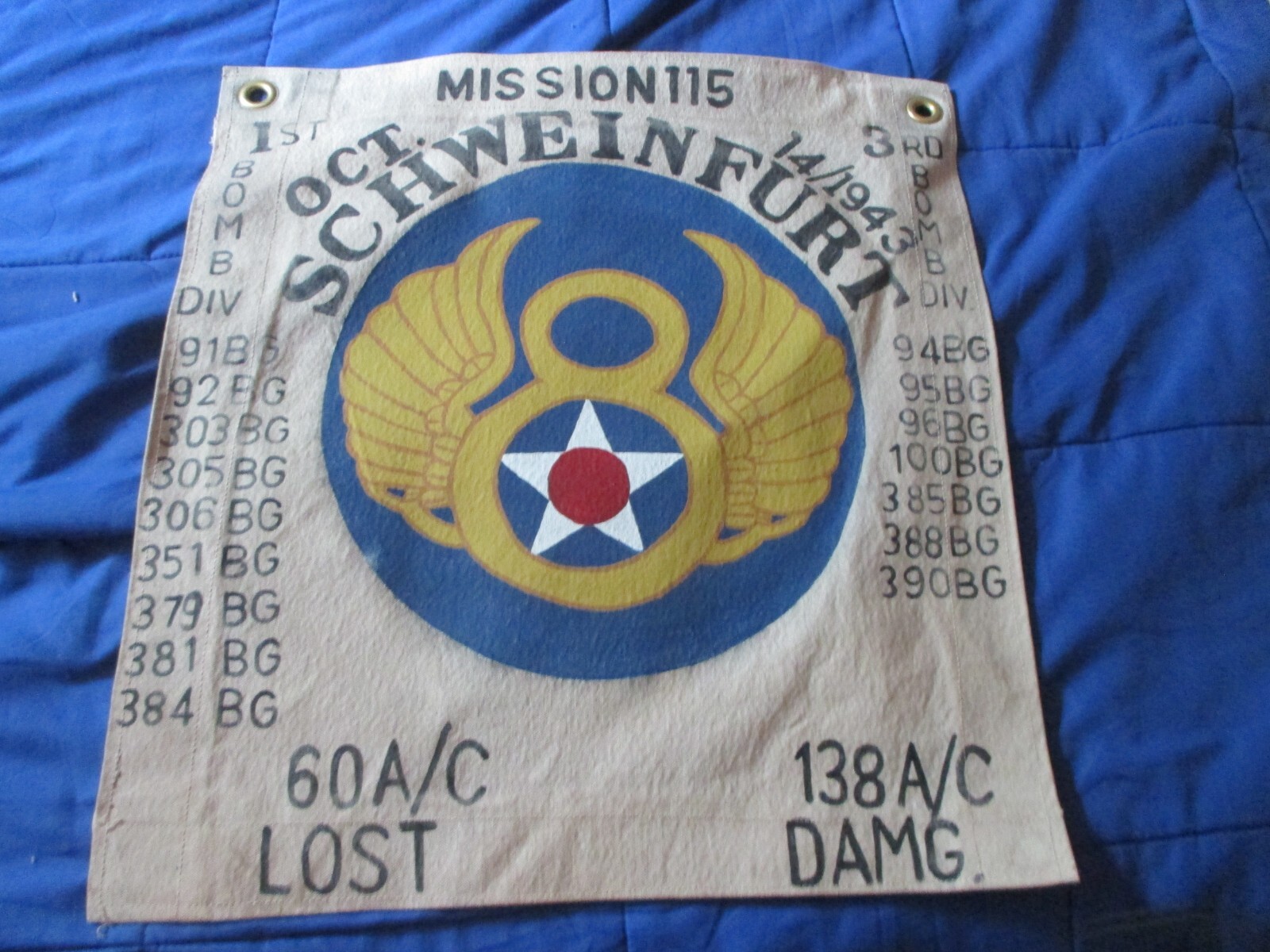 WWII USAAF 8TH AAF SCHWEINFURT MISSION 115 10/14/43   BARRACK BAR  FLAG