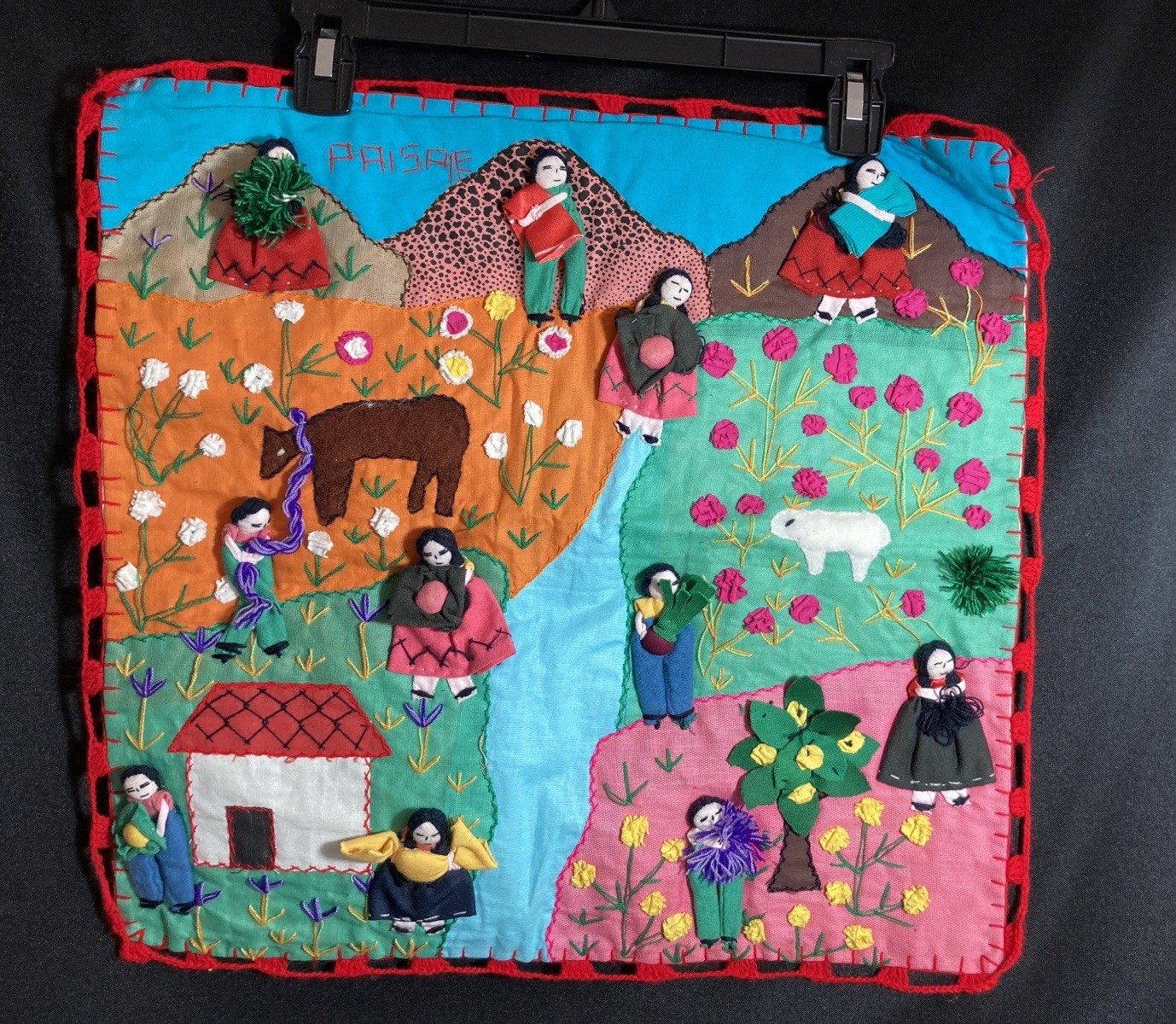 Vintage Peruvian Arpillera 3D Folk Art Wall Hanging Tapestry Appliqué 18”x 18”