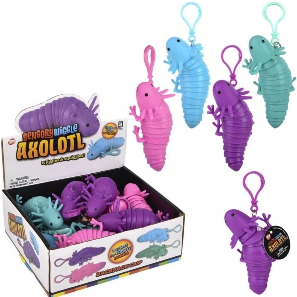 Lot Of 12 R.I. Novelty 4" Wiggle Sensory Axolotl Backpack Clip W/ Display Case!