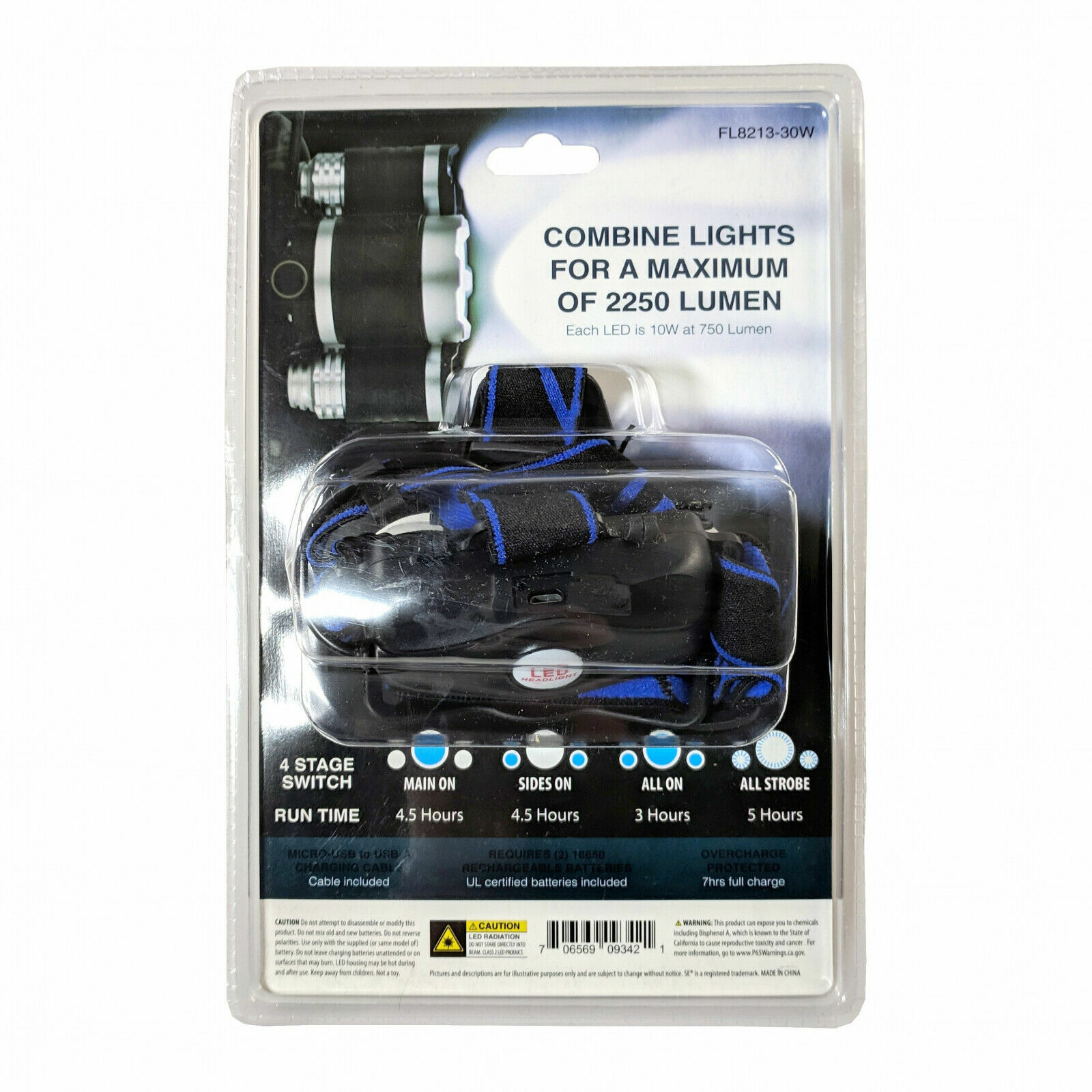 RECHARGEABLE ADJUSTABLE 2250 LUMEN LED HEADLAMP WORK FLASH LIGHT LITHIUM FL8213