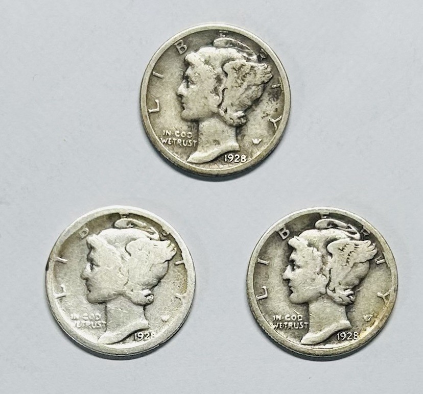 Three Silver Mercury Dimes 1928 P—1928 S—1928 S Circulated As Pictured  (SP140)