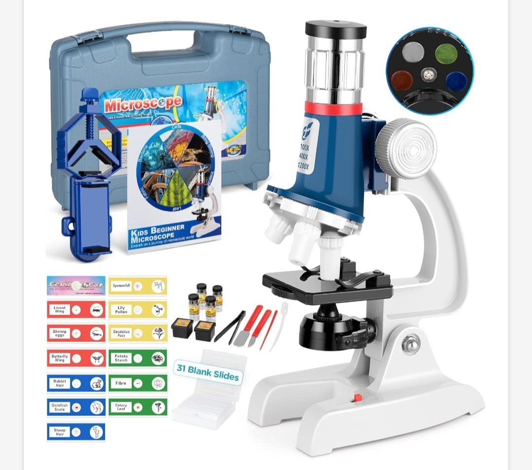 58-Piece Kids Microscope Kit - 100X-1200X Magnification, Metal Body, LED Light,