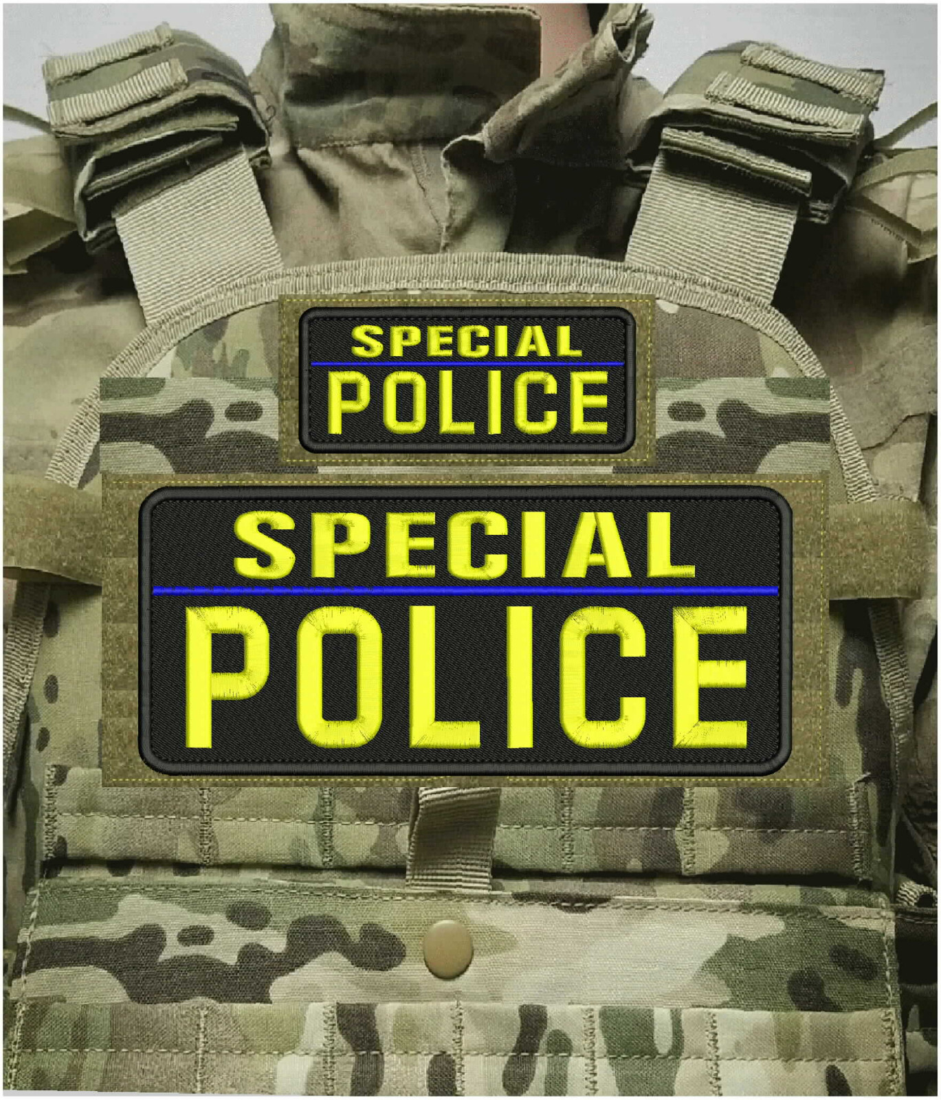 SPECIAL POLICE EMBROIDERY PATCH 4X10 AND 2X5 VELCR@ ON BACK YELLOW ON BLACK