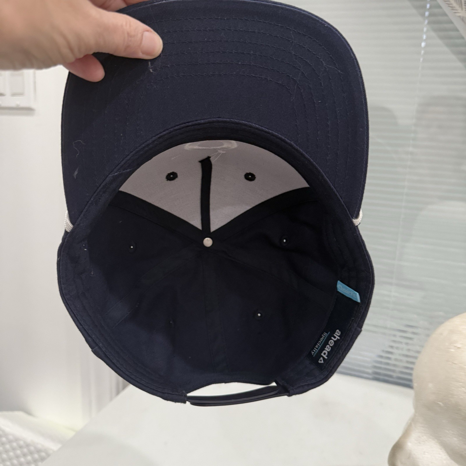 Circle w 2 Dots White Symbol on Navy Hat Cap w White Cord Snapback AHEAD EUC